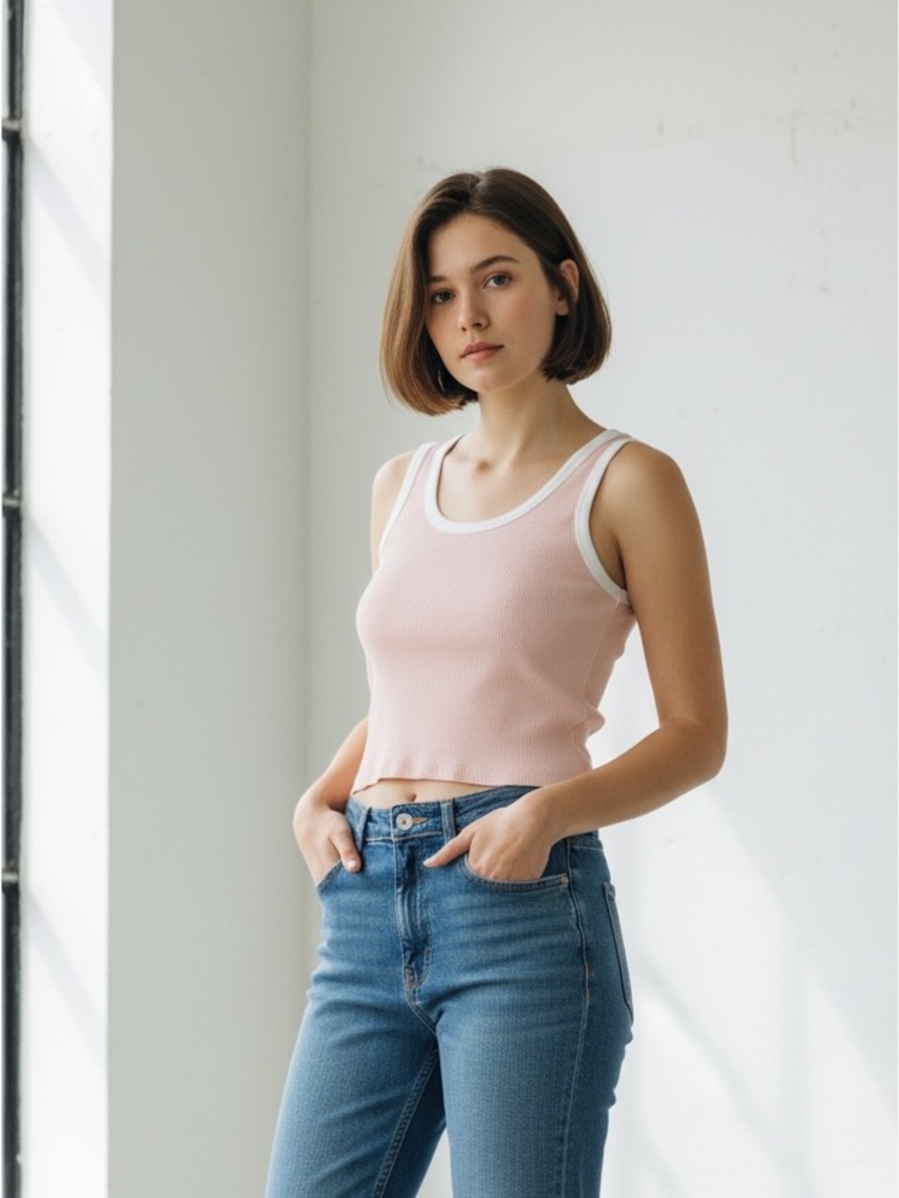 Forever 21 Cropped Light Pink Ribbed Tank with White Trim